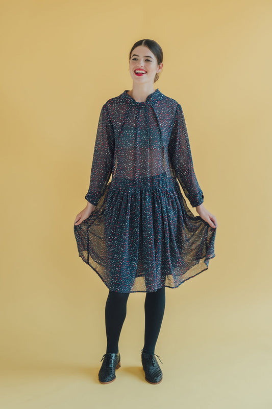 vestido gasa azul marino